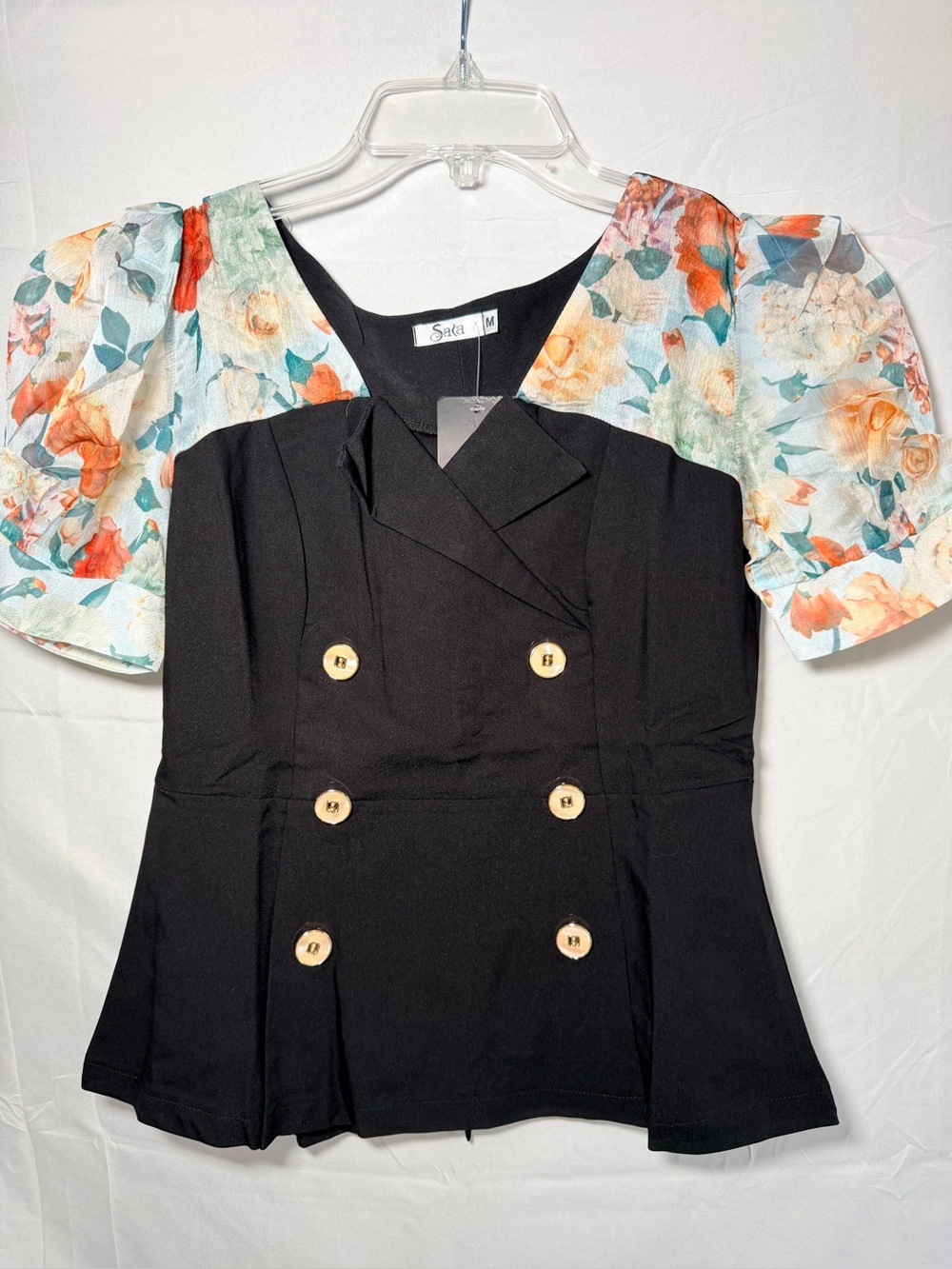 Sala black double-breasted peplum blouse with floral organza puff sleeves